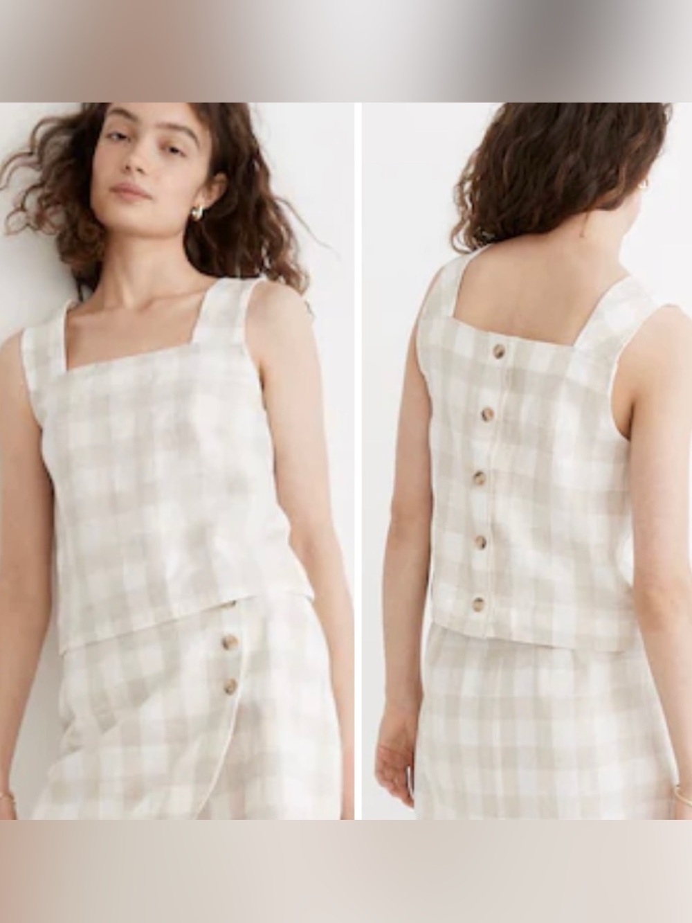 Madewell Linen-Blend Sunside Button-Back Square Neck Cropped Sleeveless Top US2